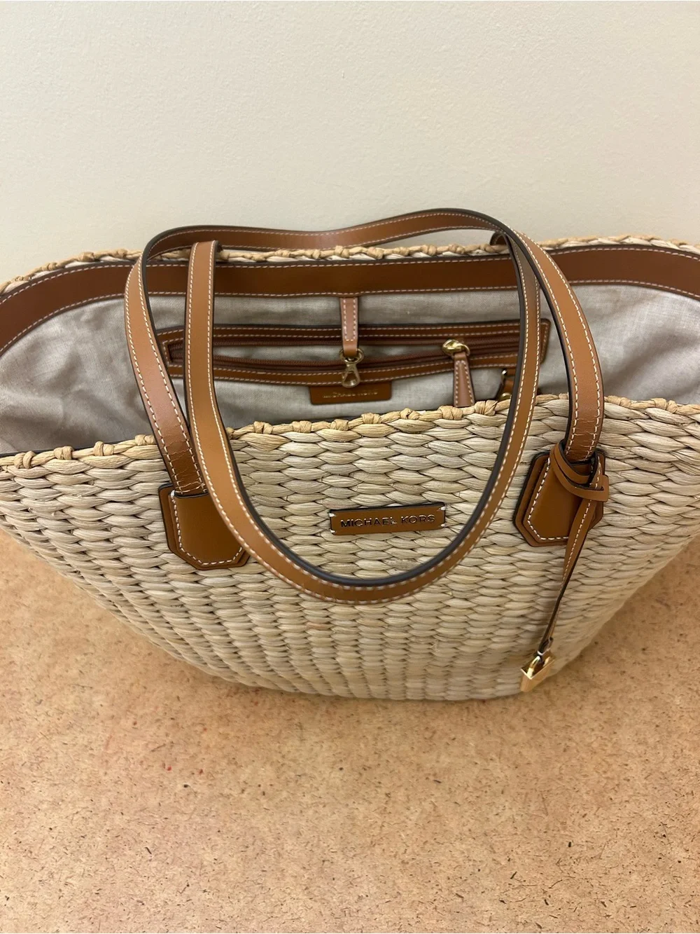 Michael Kors Natural Woven Tote with Brown Leather Trim & Gold Hardware - Picture 4 of 16